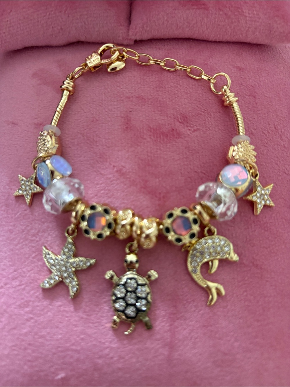 Gold Tone Sea Life Charm Bracelet - Pink & Clear Beads